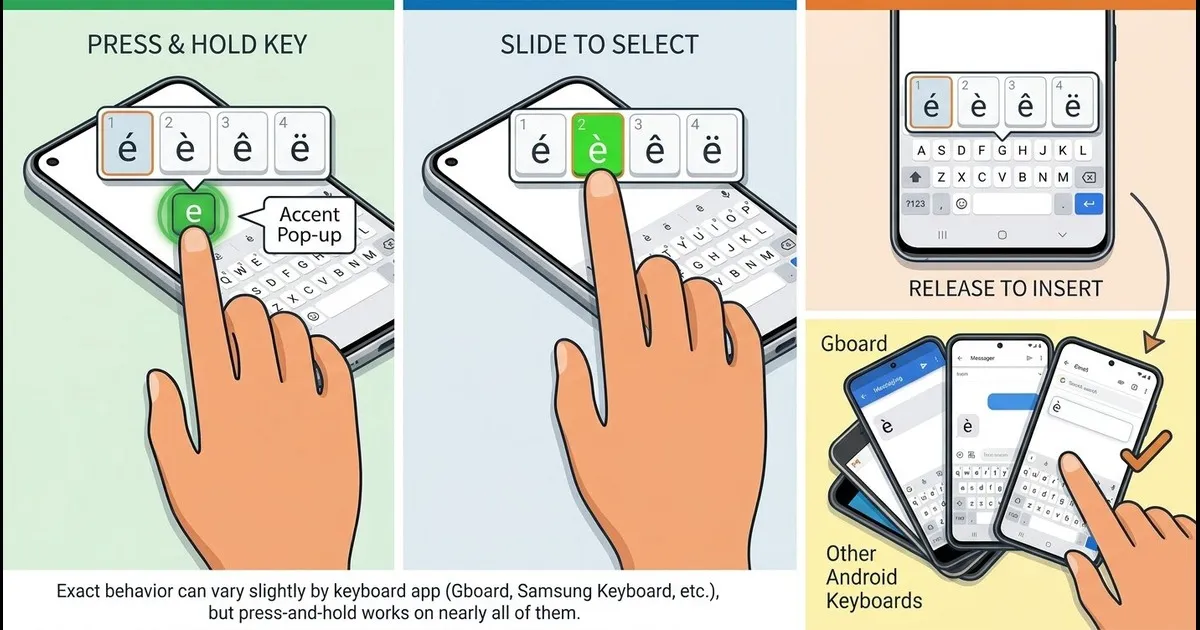 Typing accent letters on Android by pressing and holding a letter key to pick an accented option in Gboard or Samsung Keyboard