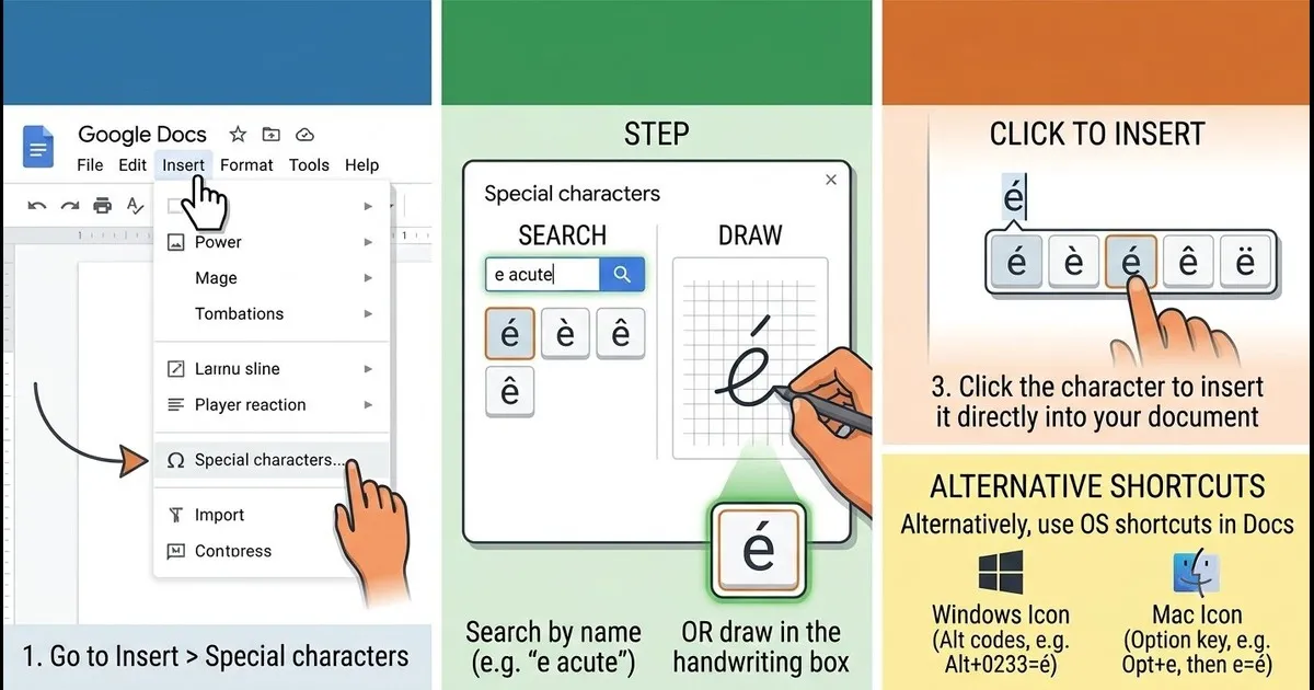 Typing accent letters in Google Docs using Insert > Special characters to search and insert an accented letter