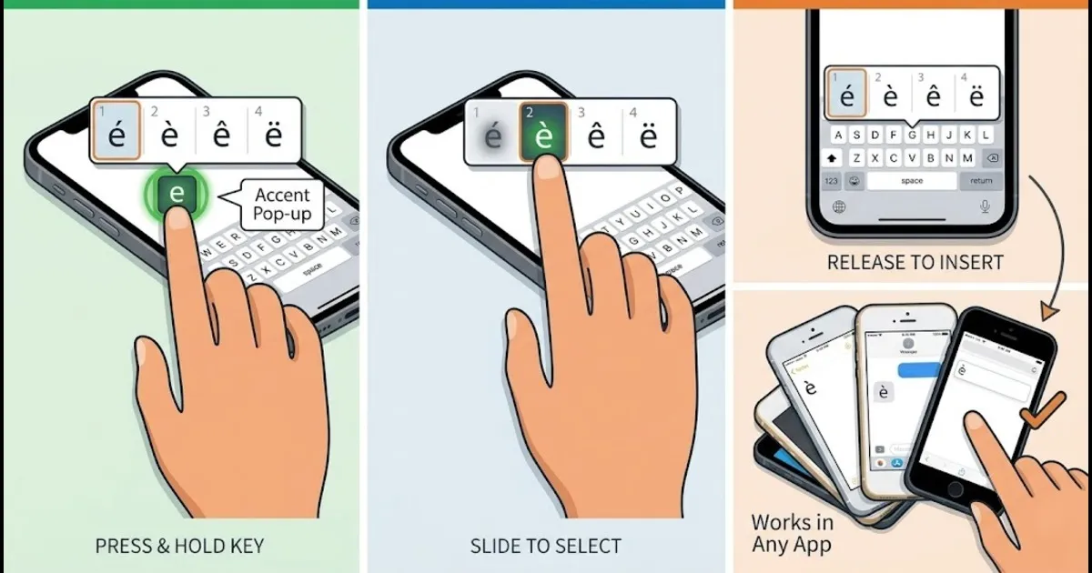 Typing accent letters on iPhone or iPad by pressing and holding a letter key to choose an accented variation