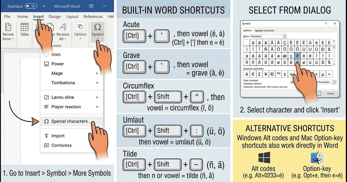 Typing accent letters in Microsoft Word using Insert > Symbol or keyboard shortcuts like Ctrl + ' then e to type é