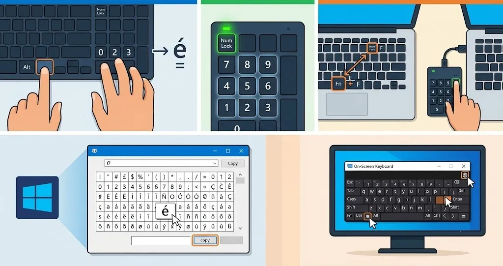 Typing accent letters in Windows using Alt codes on the numeric keypad, for example Alt + 0233 to type é
