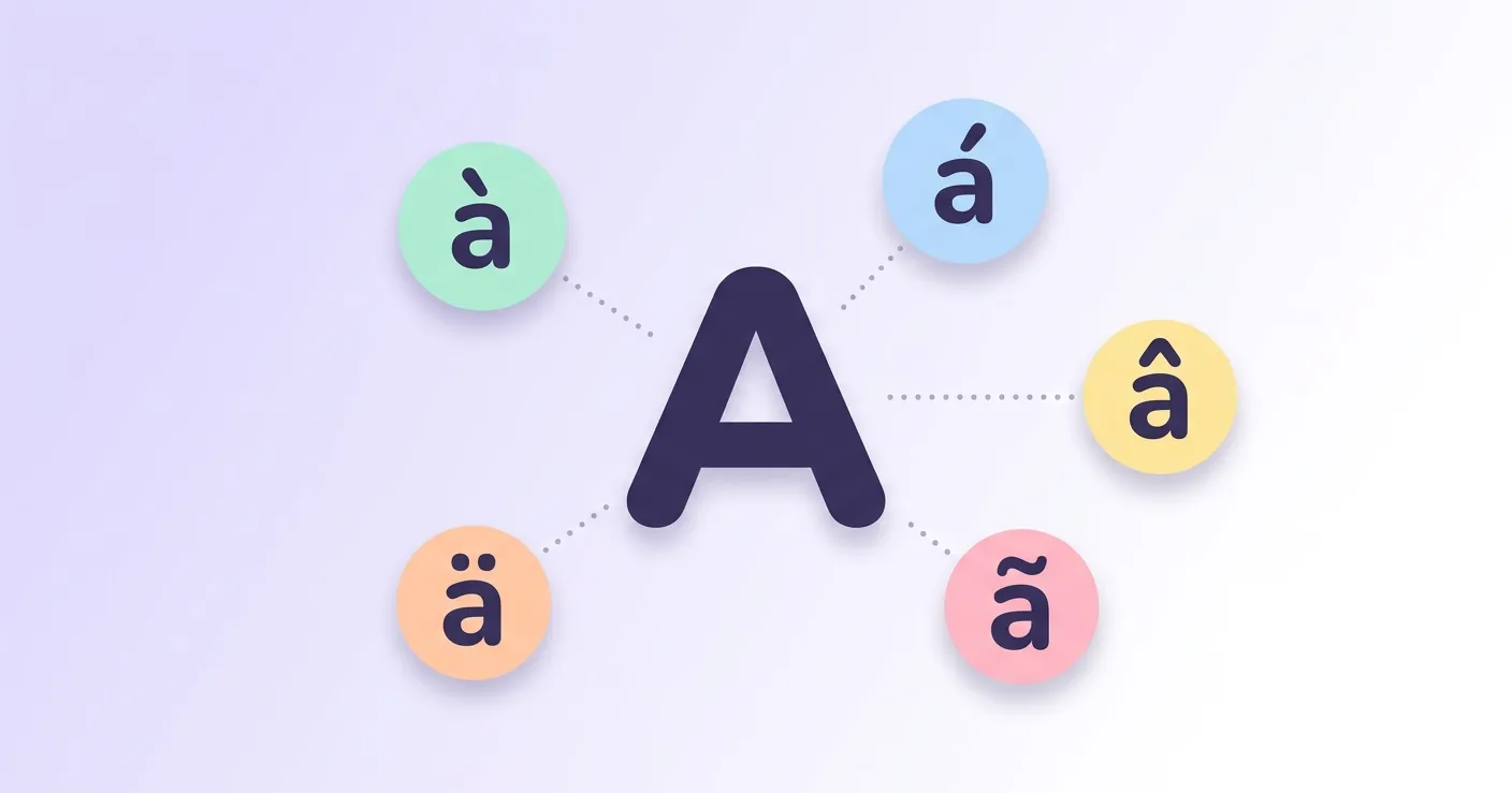 Letter A with different accent marks including à, á, â, ä, and ã arranged around a central bold A