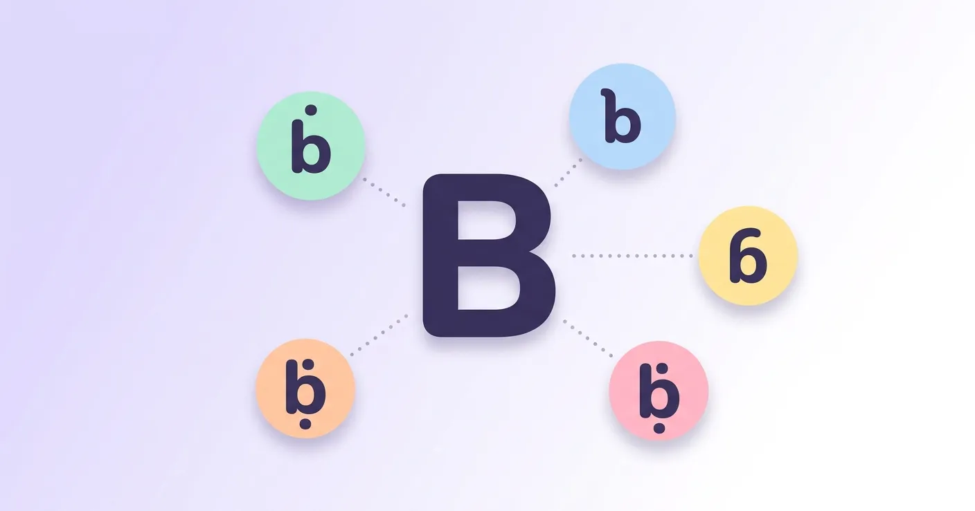 Letter B with different accent marks including ḃ, ƀ, ɓ, ḅ, and ḇ arranged around a central bold B
