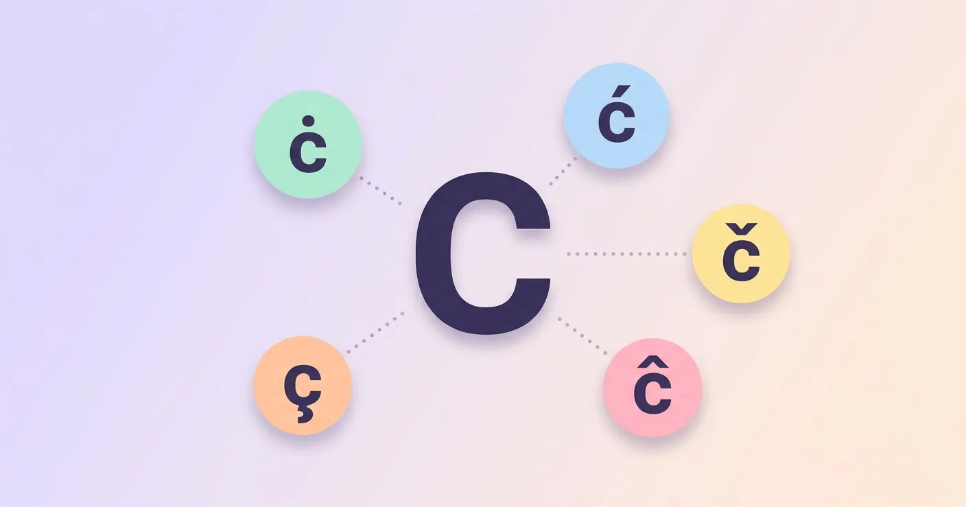 Letter C with different accent marks including ć, ċ, ĉ, č, and ç arranged around a central bold C