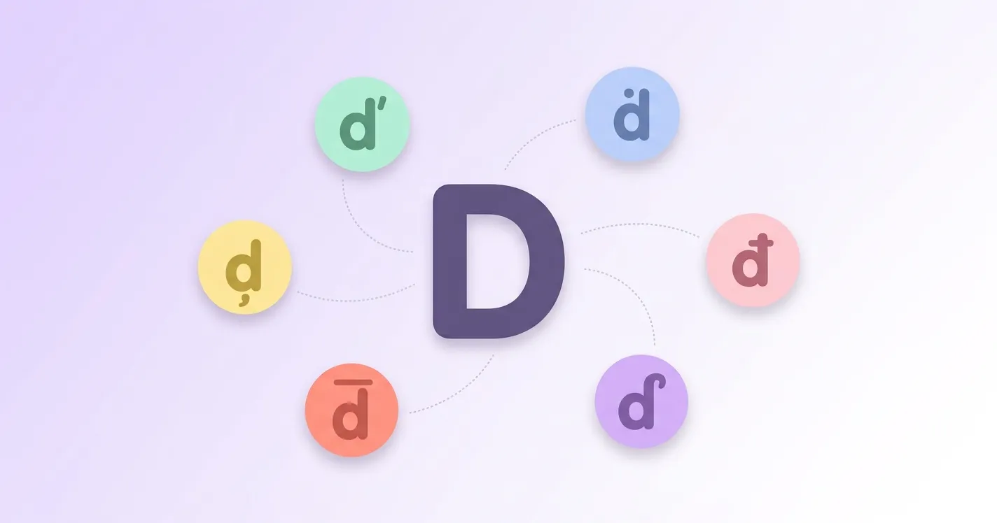 A central uppercase letter D connected by dotted lines to six accented lowercase variations in pastel circle badges, set against a soft lavender gradient background