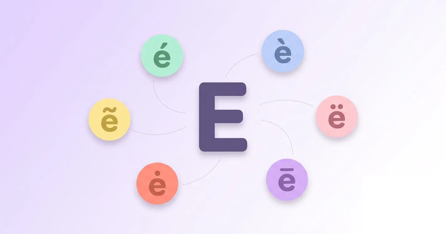 Central capital letter E connected by dotted lines to six accented lowercase variations (é,è,ẽ,ë,ė,ē) in pastel circle badges