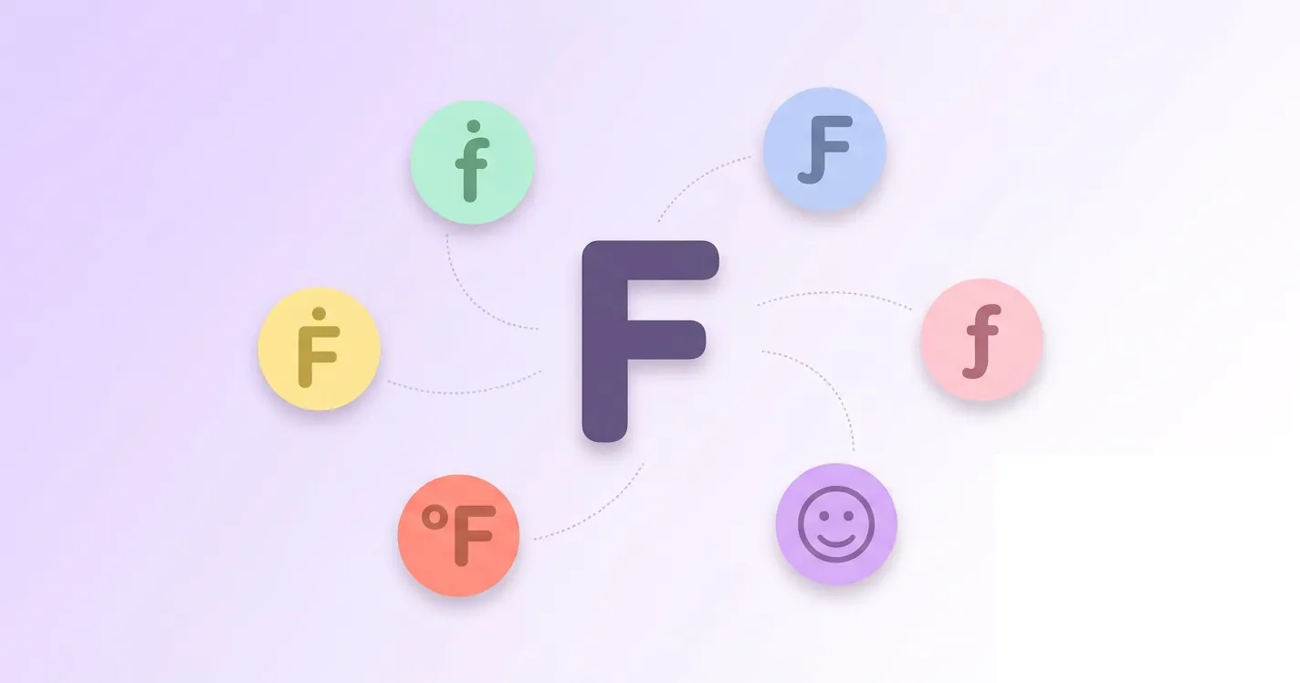 Capital letter F connected by dotted lines to five accented variations (ḟ, ƒ, Ƒ, Ḟ, ℉) in pastel circle badges