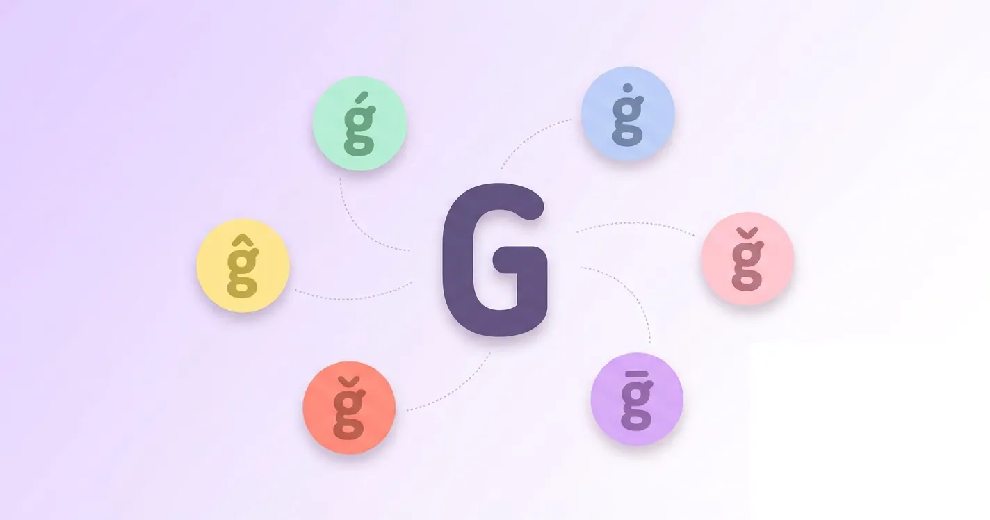 Capital letter G connected by dotted lines to five accented variations (ǵ, ġ, ĝ, ǧ, ğ, ḡ) in pastel circle badges